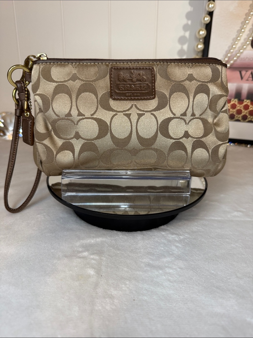 Coach Signature Jacquard Khaki Wristlet Brown Leather Trim Zip Pouch EUC